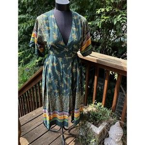 Vintage POTAGE Tropical Floral & Stripe Wrap Dress Sz Small 1970’s Boho Hippie